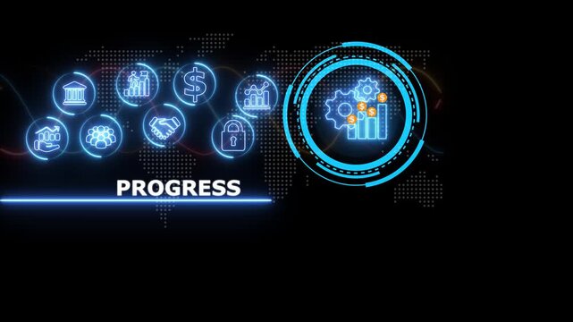 Digital business concept with glowing blue and the word progress displayed over a dark background with a subtle map pattern