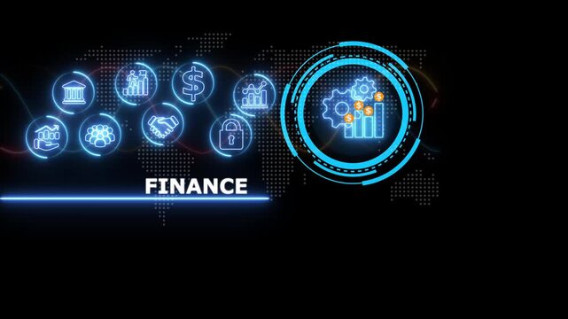 Digital finance concept featuring glowing blue neon of banking and currency symbols against a dark background with a map pattern