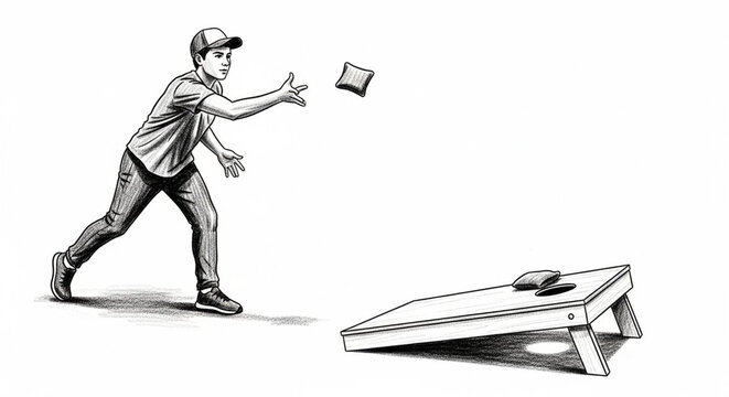 Young man playing cornhole toss in casual outdoor setting.