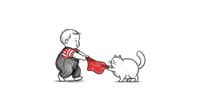 Playful young child teasing a cat with red cloth.