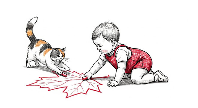 Curious Baby and Playful Cat Exploring Autumn Leaf Together.
