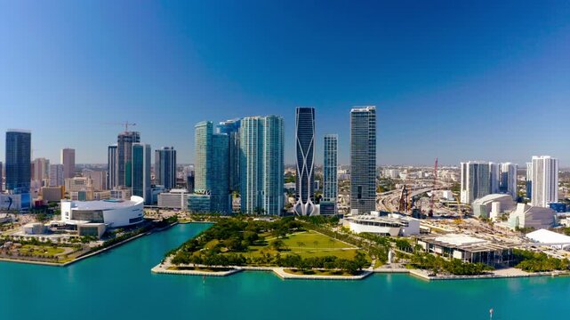 Overview of Miamis skyline and coastal waterfront near Biscayne Bay in sunny weather