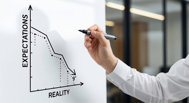 Expectations vs Reality business graph on whiteboard, hand drawing declining line chart, financial loss and disappointment concept