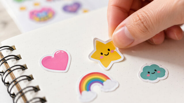Smiling star sticker being placed on spiral notebook