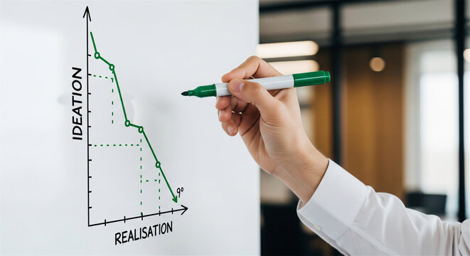 Business ideation to realisation graph on whiteboard, hand drawing green line chart with marker, corporate strategy and project planning concept