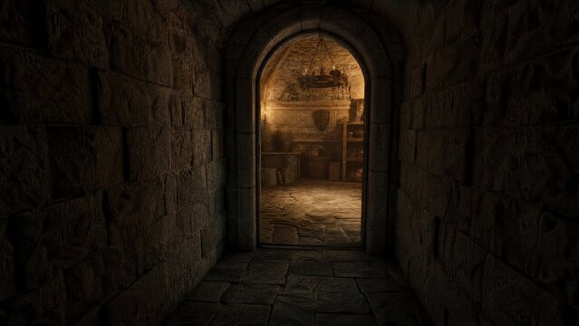 A narrow stone corridor leading to a vaulted storage room with soft interior light.