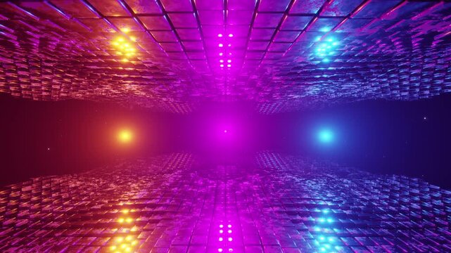 Endless journey through waving rotating tunnel in imaginary space with bright glowing lights