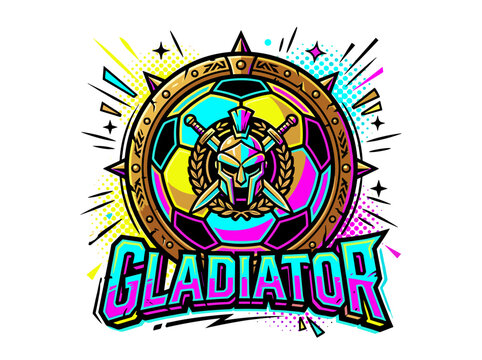 Gladiator soccer team emblem with Roman helmet and swords