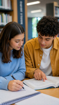 Vertical close-up of two college students reading a textbook in a library. Young man pointing at a book while studying with a female classmate