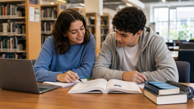 Two college students studying together at a library desk. Young woman pointing at a textbook while working on a project with a male classmate