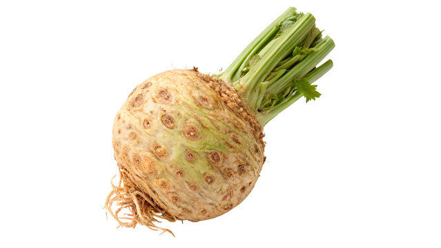 Fresh raw celeriac root celery with green stalks isolated on transparent background