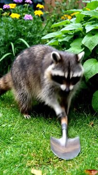 Curious raccoon investigating small garden axe in lush green backyard setting