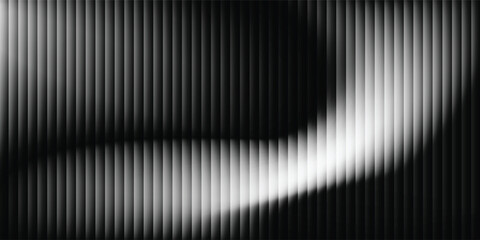 Abstract black and white background featuring a fluid glowing wave overlay across a vertical geometric bar pattern texture. © Mall11