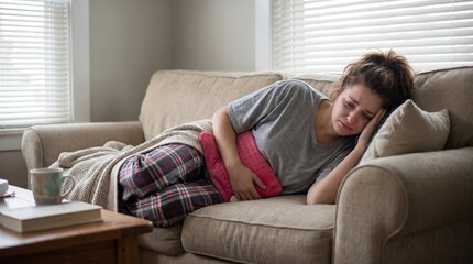 Obraz premium Sick young woman lying comfortably on a beige couch in plaid pajama pants, clutching a pink hot water bottle to her stomach for warmth and relief.