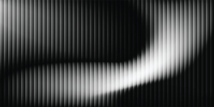 Abstract black and white background featuring a fluid glowing wave overlay across a vertical geometric bar pattern texture.