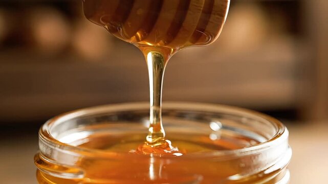 Honey drips from a wooden dipper into a glass jar filled with golden liquid sweetness.