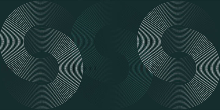 Abstract circular swirl lines on dark green background. Modern elegant silver geometric wavy concentric lines pattern for luxury banner or tech design.