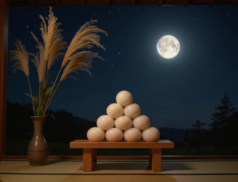 Japanese tsukimi moon viewing with rice dumplings and swaying pampas grass under full moon