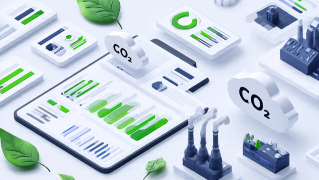 Eco-Friendly CO2 Monitoring Device with Green Leaves and Data Charts for Climate Control