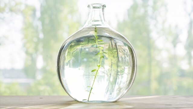 Round glass carboy with plant cutting, water propagation decor.