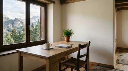 Fototapeta premium Cozy Rustic Desk with Mountain View