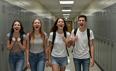 Obraz premium Four laughing teenagers walking down school hallway