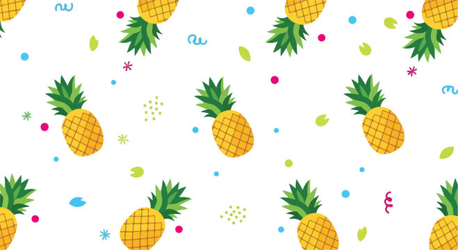 Vibrant pineapple pattern with colorful confetti on white background for party decoration and tropical design