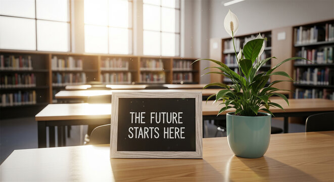 Inspirational library setting with motivational sign, the future starts here text on desk, academic school background with books and plant
