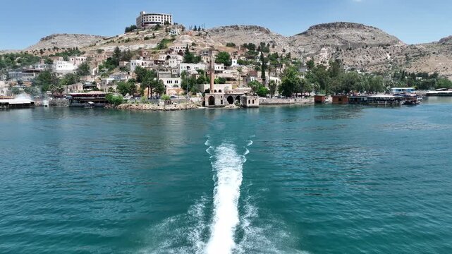 Drone Aerial View of Jet Ski Athlete Performing on the Halfeti River, May, 11, 2023, Sanliurfa, Halfeti, Turkiye