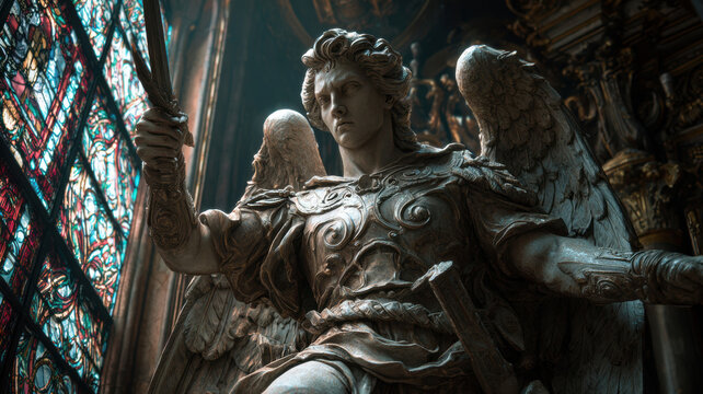 Fantasy wallpaper. A detailed statue of an angel, intricately designed with wings and a halo, stands in a grand cathedral. The angel holds a staff in one hand and a shield in the other.