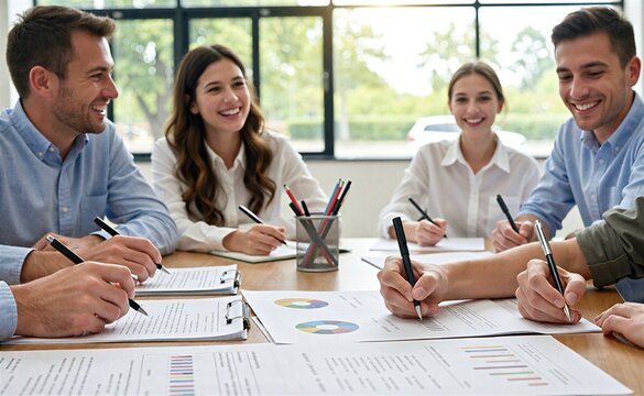 Smiling business people writing notes during a corporate meeting