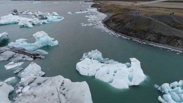 Drone shot of icebergs in glacier lagoon