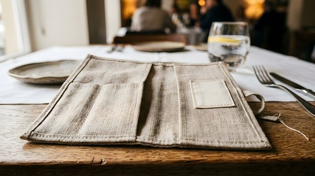 Elegant Linen Menu Holder with Place Setting and Water Glass on Wooden Table