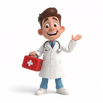 3D design of cartoon cheerful male doctor with first aid bag isolated on white background