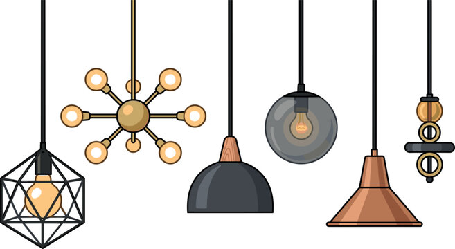 Modern Pendant Lights and Ceiling Lamp Vector Set Featuring Industrial Geometric Cage Sputnik Chandelier and Copper Fixtures for Interior Design Graphics
