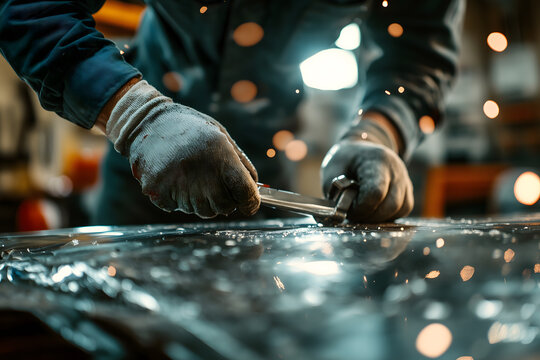 Gloved Hands Applying Dent Repair Tool on Black Car Body Panel, Cinematic Macro Detail, Industrial Spotlight