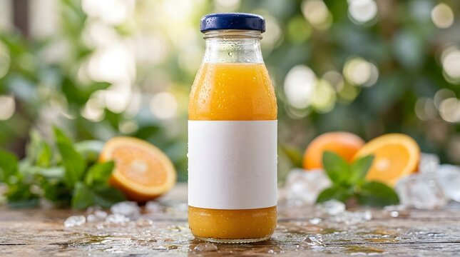 Fresh Orange Juice Bottle with Blank Label and Oranges on Ice