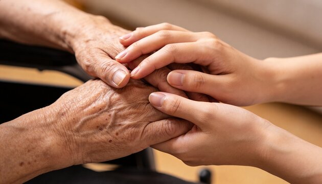 Hands of an elderly and a young man touching each other.