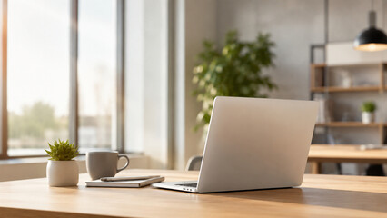 Fototapeta premium Empty coworking space with single laptop on wooden desk, sunlight streaming in, modern interior, calm and productive atmosphere