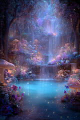 Obraz premium Fantasy wallpaper. A vivid, fantastical depiction of a magical forest scene. The main subject is a cascading waterfall surrounded by lush greenery and illuminated by soft, ethereal light.