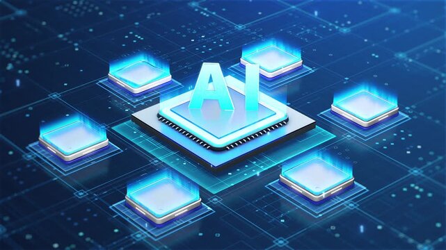 Technology AI chip cluster, high tech AI chip animation, A glowing holographic "AI" symbol hovers over a central microchip, surrounded by six smaller illuminated processors on a future circuit board.