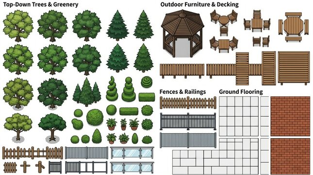 Outdoor top down design illustration set with trees shrubs furniture fences railings decking ground textures decor