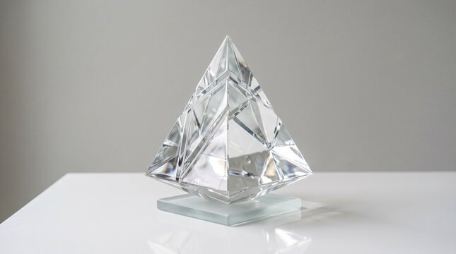 Transparent crystal pyramid rests on white surface, triangular faces refract light into subtle colors, symbolizing geometry, clarity, symmetry, and luminous optical precision.