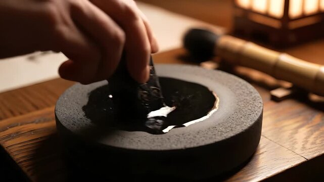 Hand grinding a traditional black inkstick on a stone inkstone to prepare liquid ink for calligraphy on a wooden table