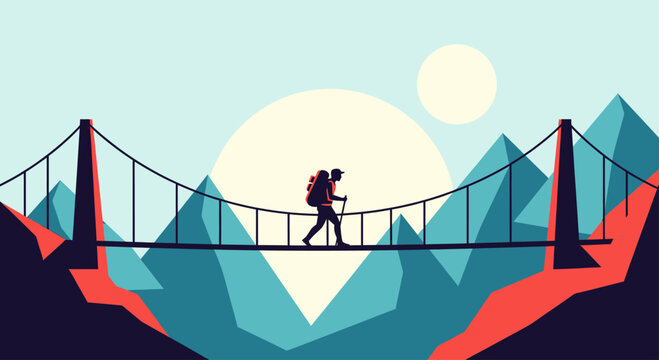 A lone hiker crosses a suspension bridge amidst abstract mountains and celestial bodies