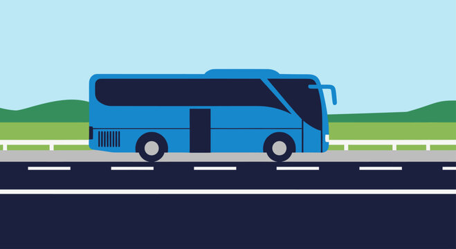 A blue bus drives on a road with a green landscape and sky