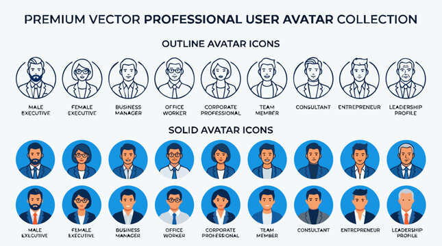 Professional user avatar collection, corporate business person profile icons in outline and solid styles, executive team member vector set