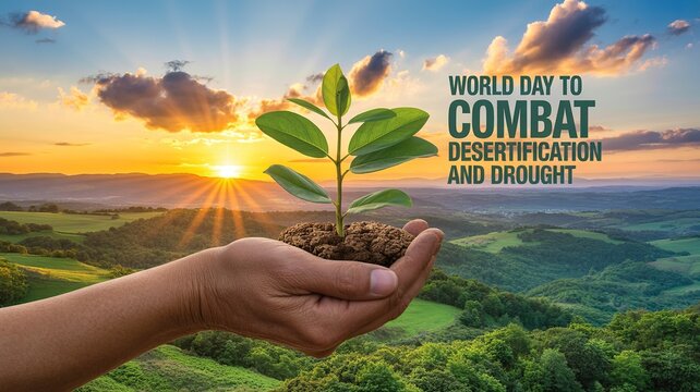 Hands nurture seedling promoting restoration against desertification and drought.