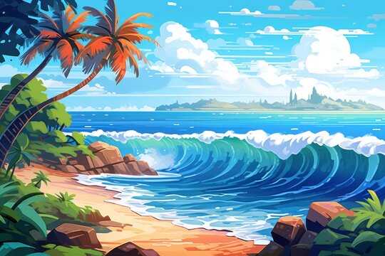 Tropical beach scene featuring crashing ocean wave, palm trees, sand, and island in background