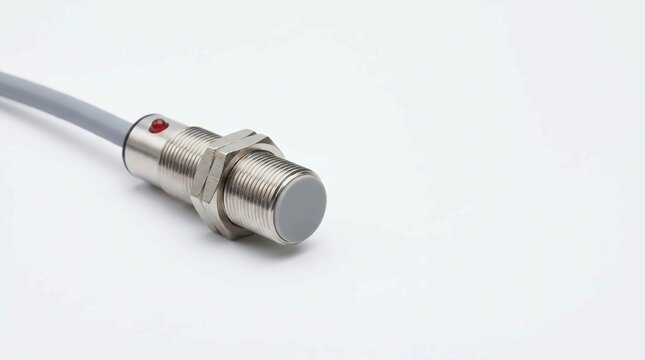 Industrial inductive proximity sensor with a metallic threaded body and a small red indicator light on a white studio background